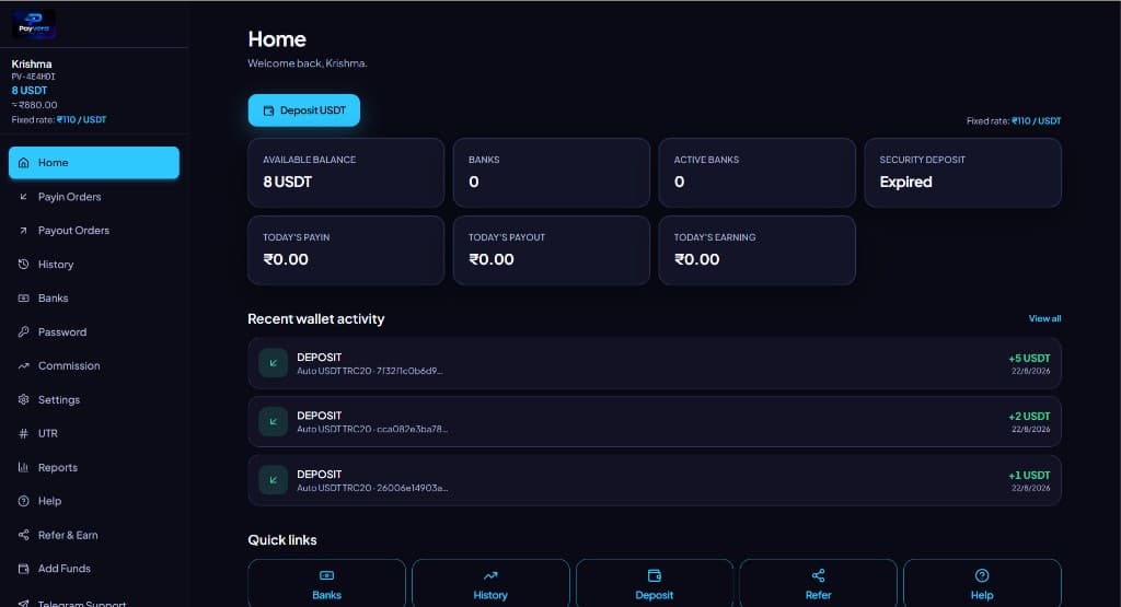 Logged-in PAYVORA Partner Panel home — balance, wallet activity, and quick links
